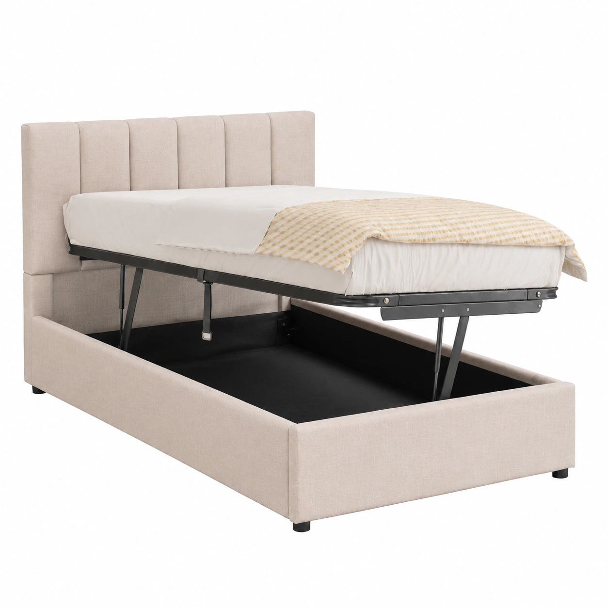 Polsterbett – 90 × 200 cm, gepolstert, mit Stauraum, mit Bettkasten, mit Lattenrost, aus Leinen, Beige