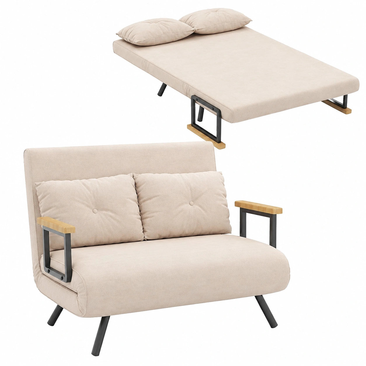 Schlafsofa – 2-Sitzer, 183 × 98,5 cm, klappbar, mit Rückenlehne, mit Schlaffunktion, Beige, für Wohnzimmer