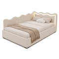 Einzelbett – 90 × 200 cm, gepolstert, mit Stauraum, mit LED-Beleuchtung, mit Lattenrost, aus Samt, Beige