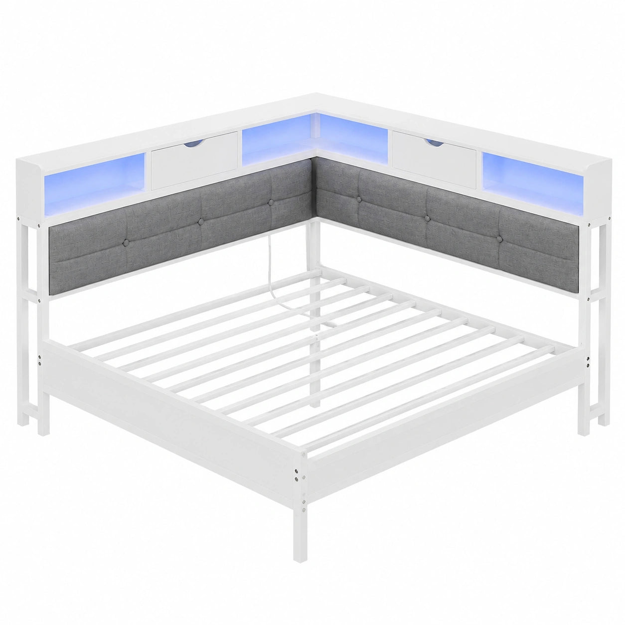Bett – 90 × 200 cm, gepolstert, mit LED-Beleuchtung, mit Lattenrost, aus Metall