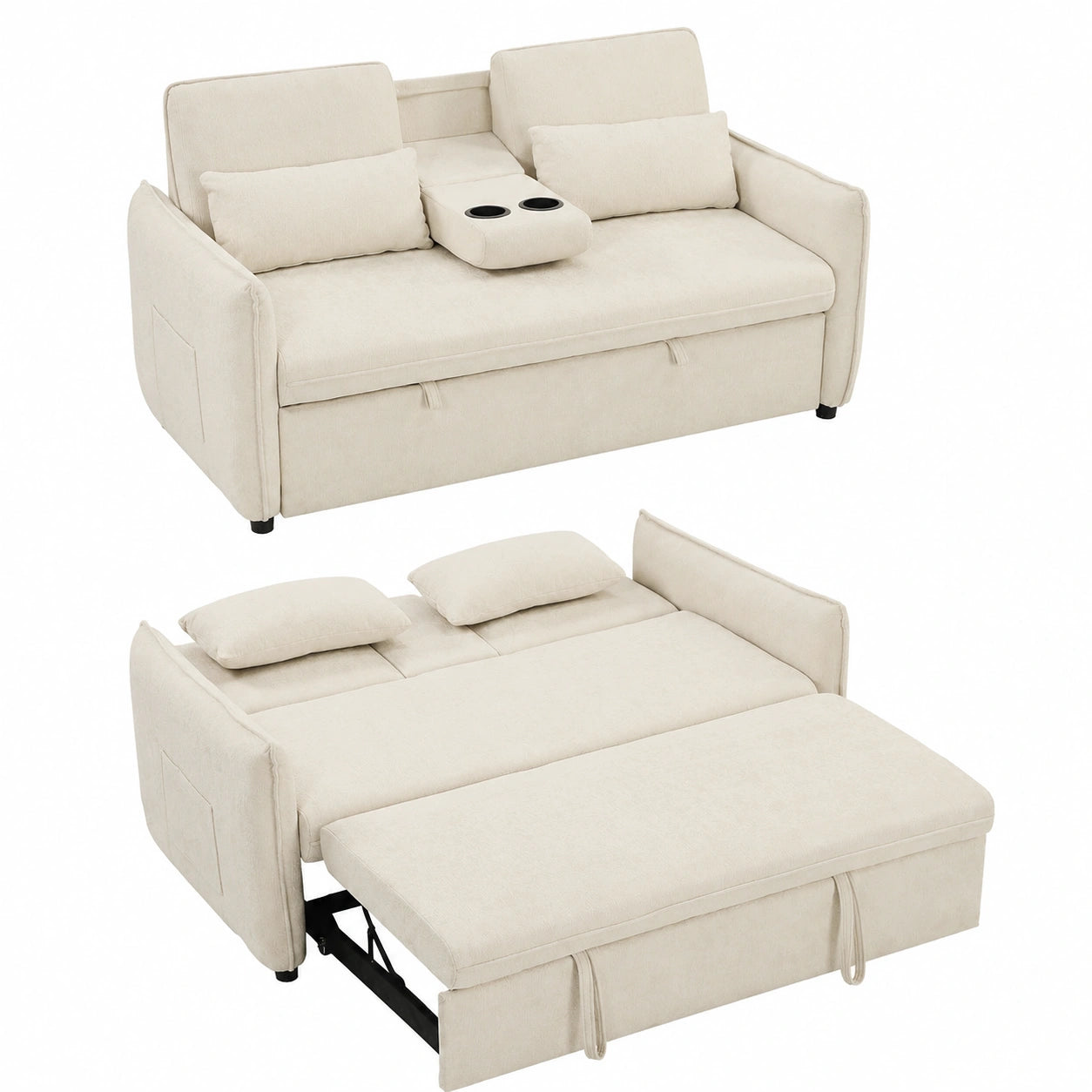 Schlafsofa – 2-Sitzer, 141 × 180 cm, ausziehbar, mit Rückenlehne, mit Schlaffunktion, Beige, für Wohnzimmer