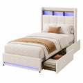 Einzelbett – 90 × 200 cm, moderner Stil, gepolstert, mit Stauraum, mit LED-Beleuchtung, mit Schubladen, Beige