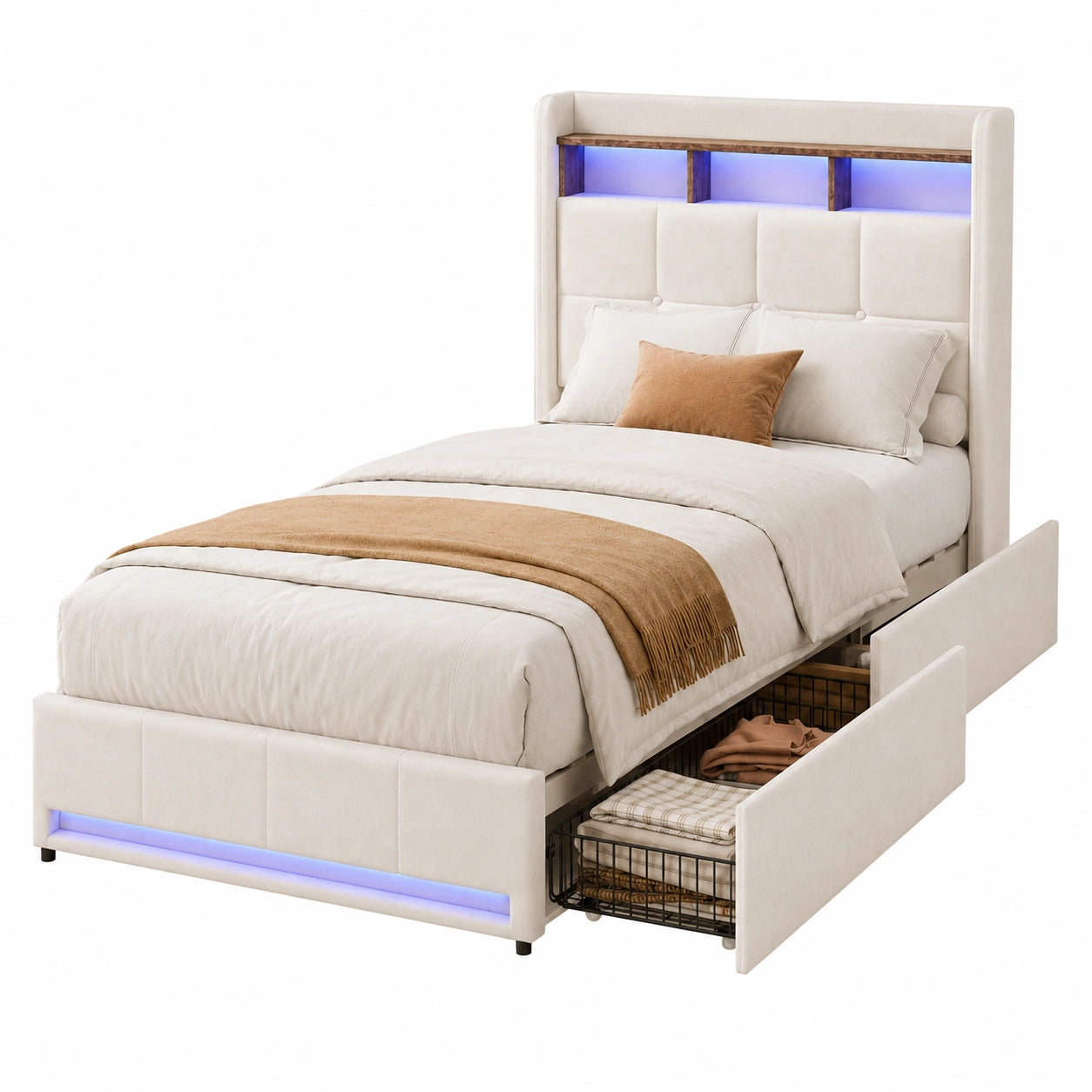 Einzelbett – 90 × 200 cm, moderner Stil, gepolstert, mit Stauraum, mit LED-Beleuchtung, mit Schubladen, Beige