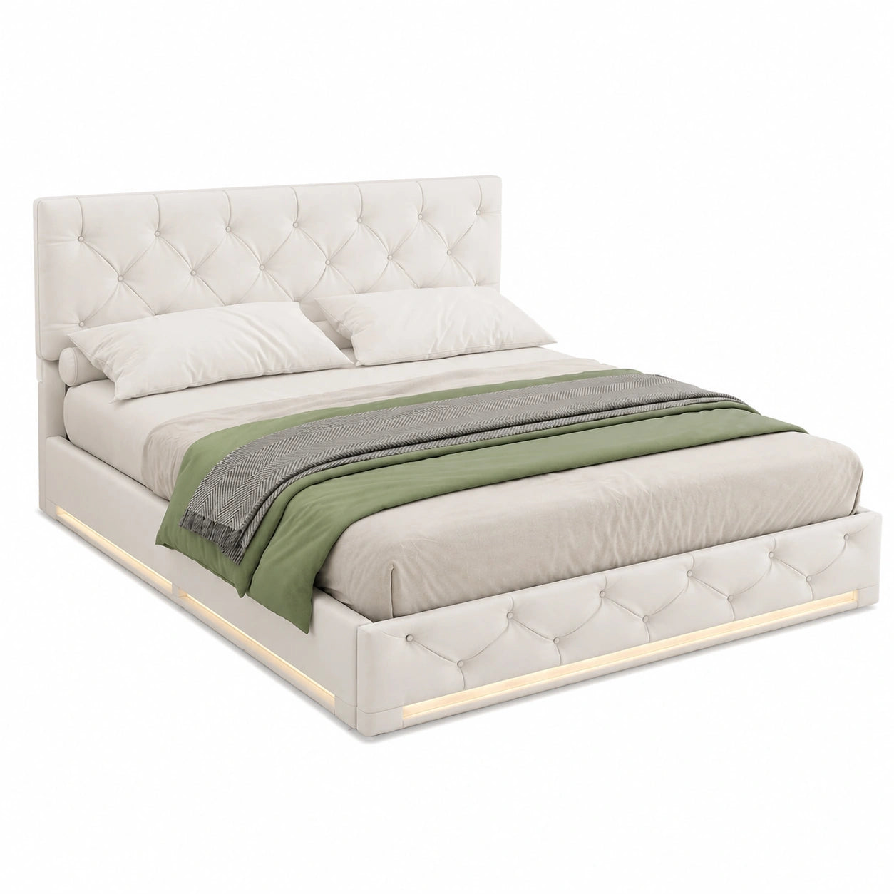 Bett – 140 × 200 cm, gepolstert, mit Stauraum, mit Bettkasten, mit Lattenrost, aus Leinen und Holz