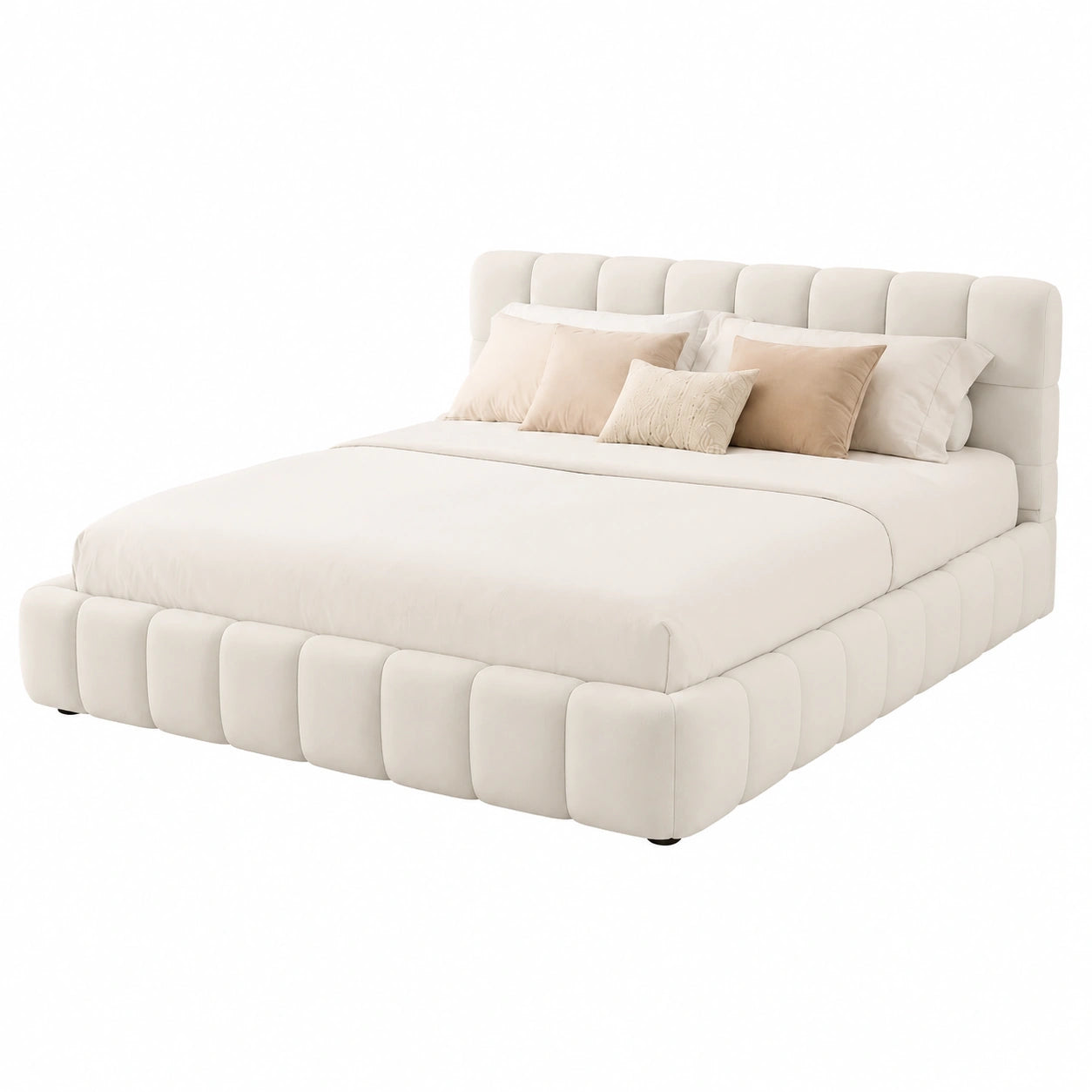 Bett – 140 × 200 cm, gepolstert, mit Lattenrost, aus Leinen, Beige, für Schlafzimmer